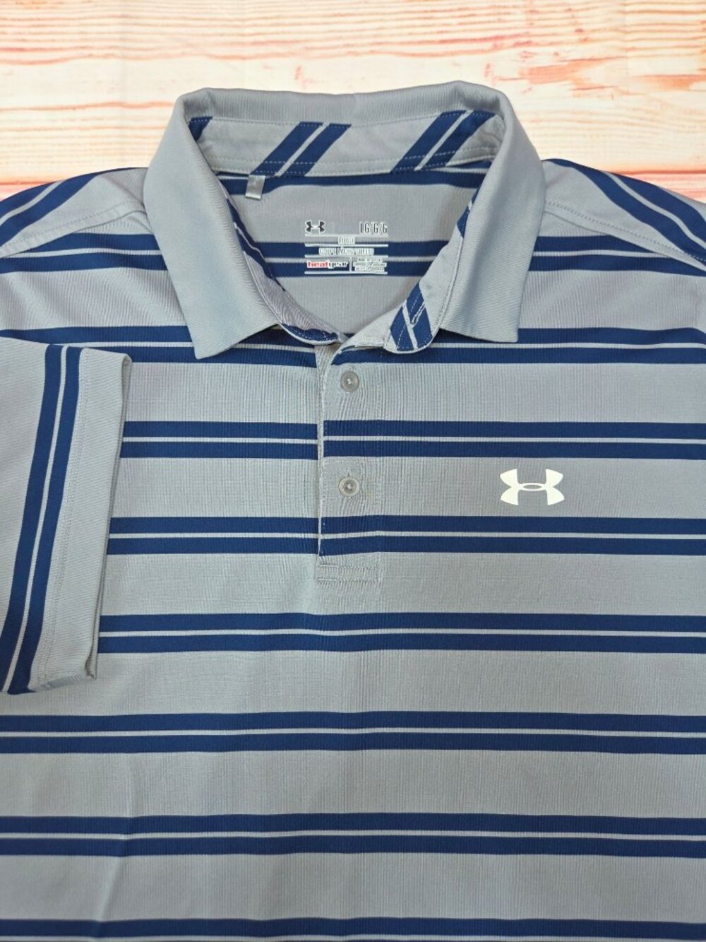 Under Armour Mens HeatGear Polo Size Large Gray & Navy Striped Loose Fit